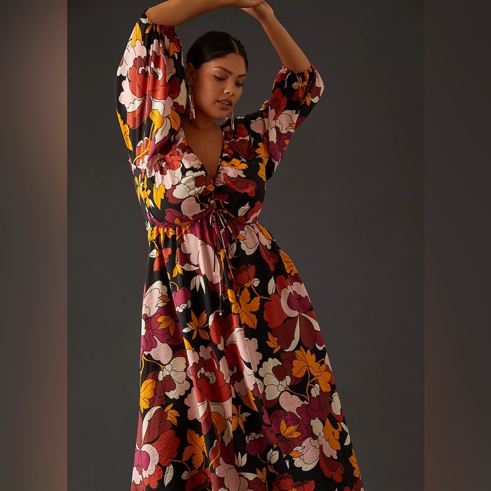 Maeve by Anthropologie Deep-V Ruched Midi Dress